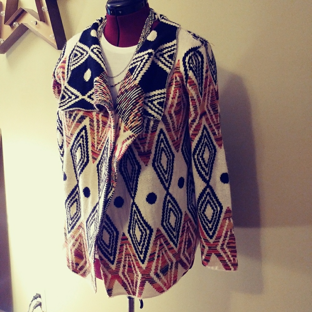 Open-Front Geometric Pattern Cardigan Sweater - Cream & Rust - Picture 6 of 8